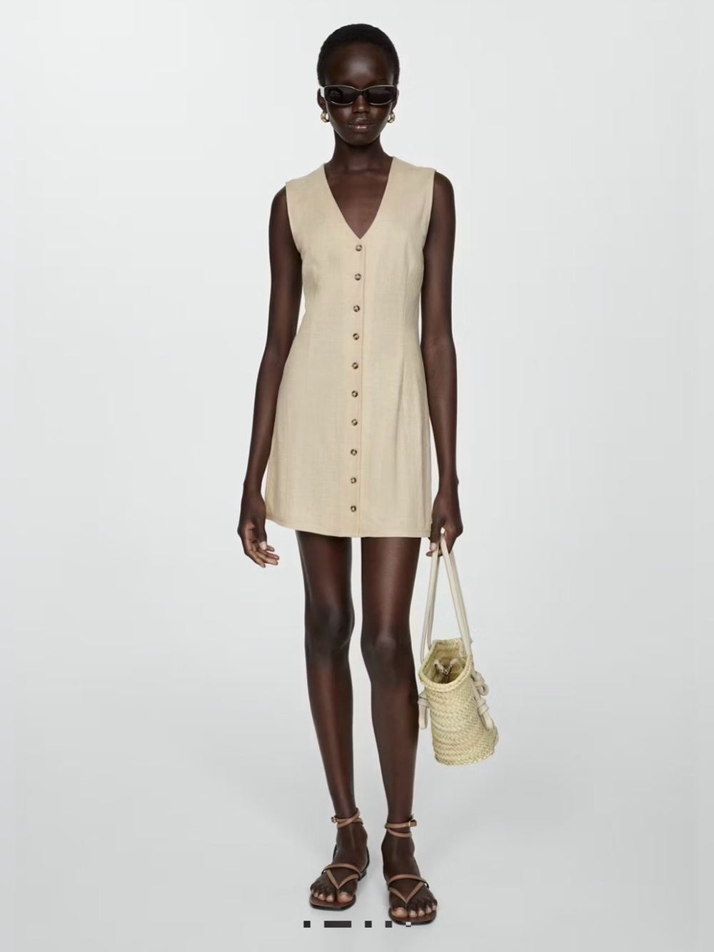 NWT Mango Mini Dress Button Up V-neck Sleeveless Tan /Oat Size S - Picture 3 of 11